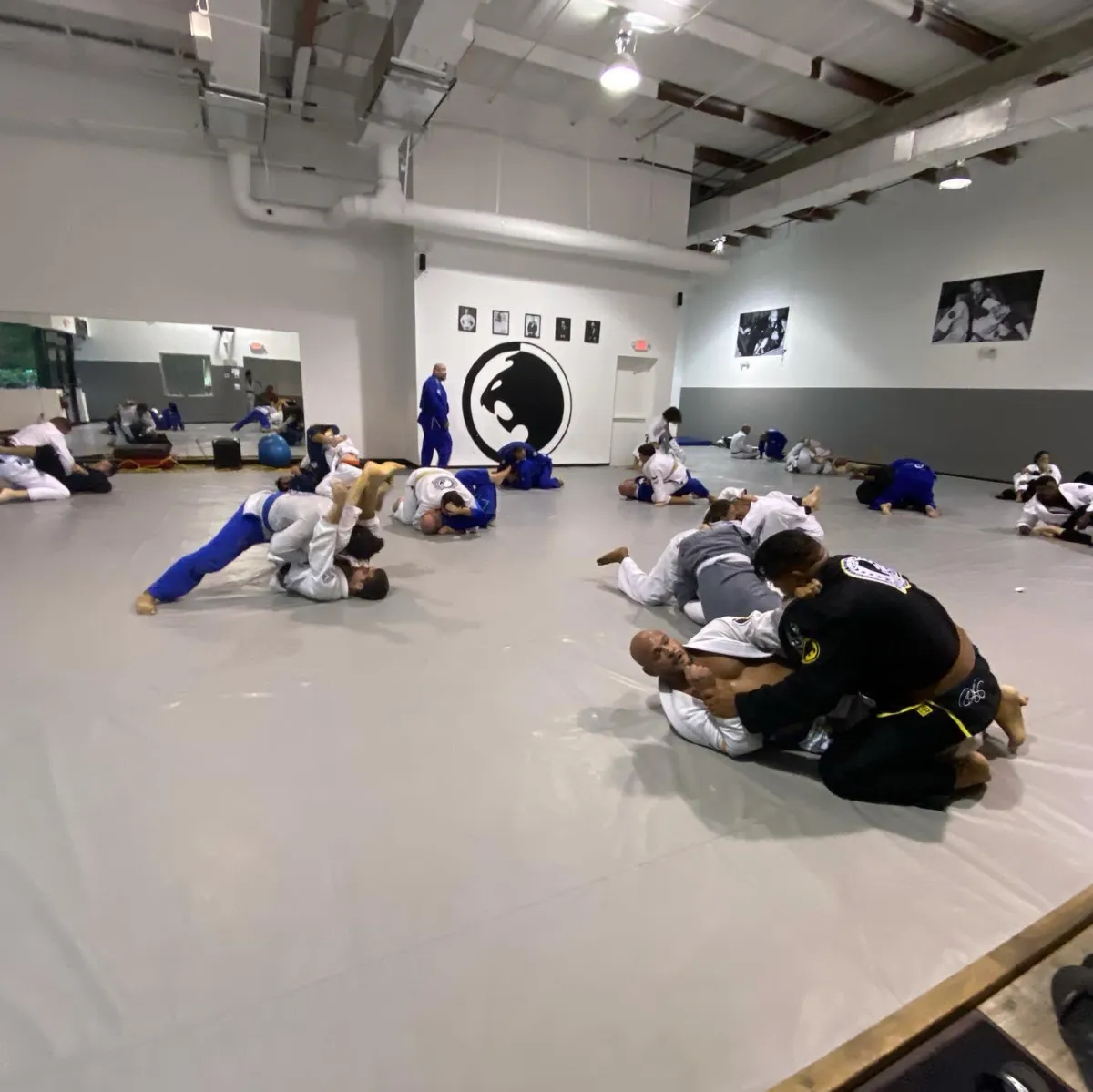 A group of men, dressed in jiu-jitsu uniforms (gi), are gathered in a spacious training room at the Renzo Gracie Jiu-Jitsu Academy of Lake Worth. They are engaged in various physical activities, including grappling, striking, and groundwork techniques. The coach, Santos Caban, is standing in the center of the room, closely observing his students' movements and offering guidance. The walls are adorned with motivational posters and banners featuring the Renzo Gracie Jiu-Jitsu Academy logo. The atmosphere is one of focus, discipline, and camaraderie.