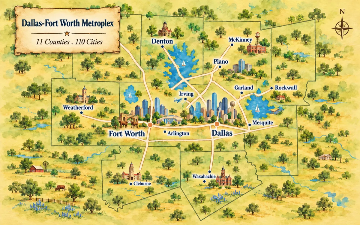 Illustrated map of the Dallas–Fort Worth metroplex service area: 11 counties and 110 cities, including Dallas, Fort Worth, Arlington, Irving, Plano, Denton, McKinney and Waxahachie