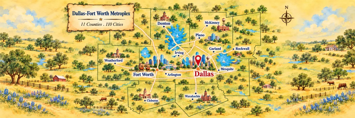 Illustrated map of the Dallas–Fort Worth metroplex service area: 11 counties and 110 cities, with Dallas, Fort Worth, Arlington, Irving, Plano, Garland, Mesquite, Denton, McKinney, Rockwall, Weatherford, Cleburne and Waxahachie labeled