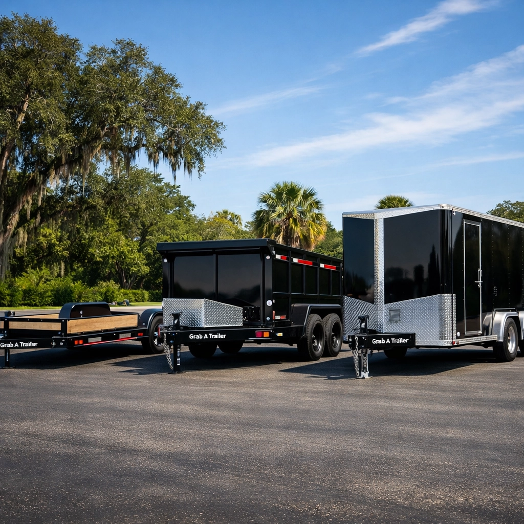 A side-by-side comparison of a professional car hauler with a silver rock guard and a rugged deckover tilt deck trailer, showcasing the 'Heavyweight Showdown' for trailer rentals in Ocala, FL.