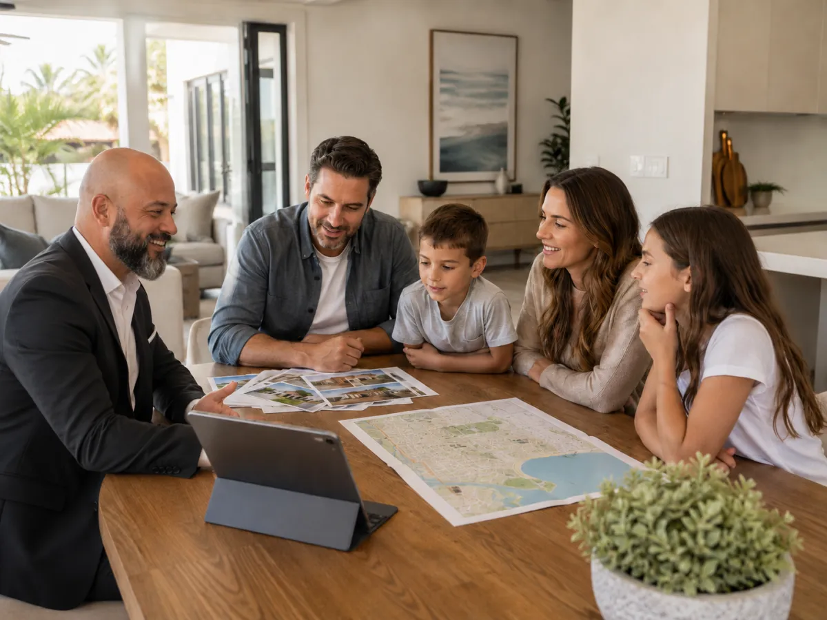 Family reviewing neighborhoods with real estate agent