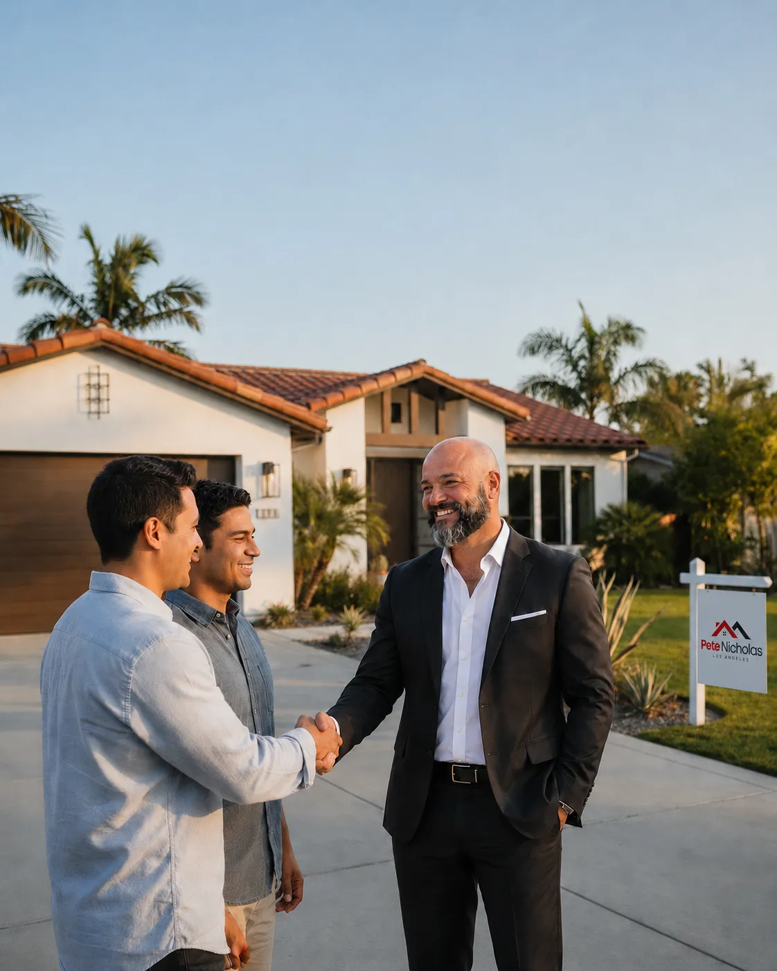 Realtor warmly greeting clients at a property
