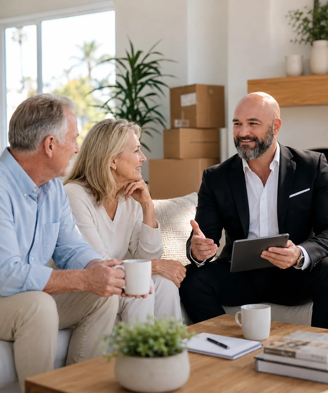 Mature homeowners discussing a retirement or relocation move with a Realtor.