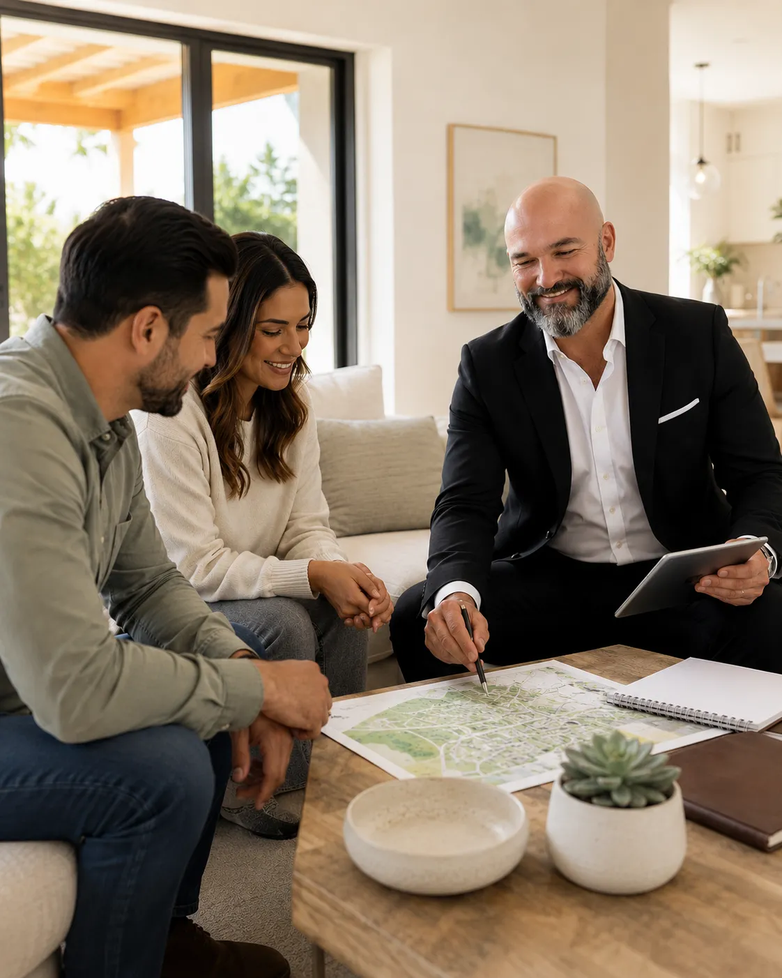 Family comparing areas with Realtor