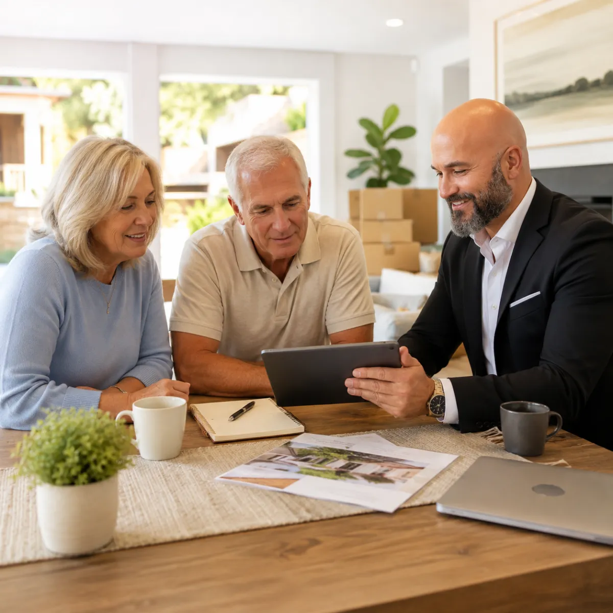Mature homeowners reviewing home value for retirement