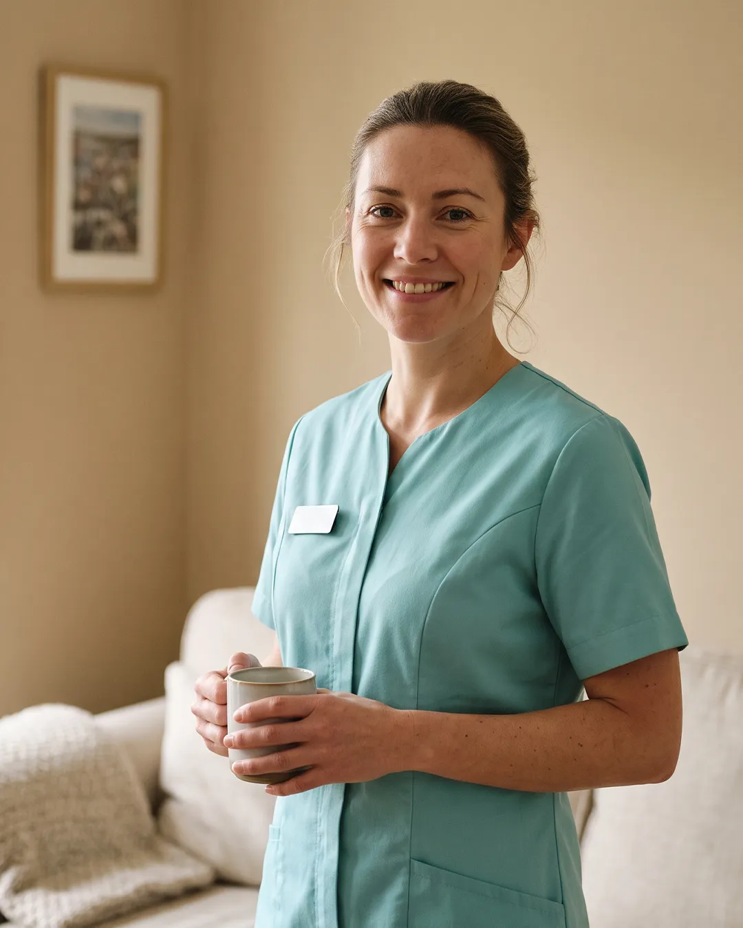 Warm interaction between a friendly community care assistant and an elderly client in Leeds sharing tea at home