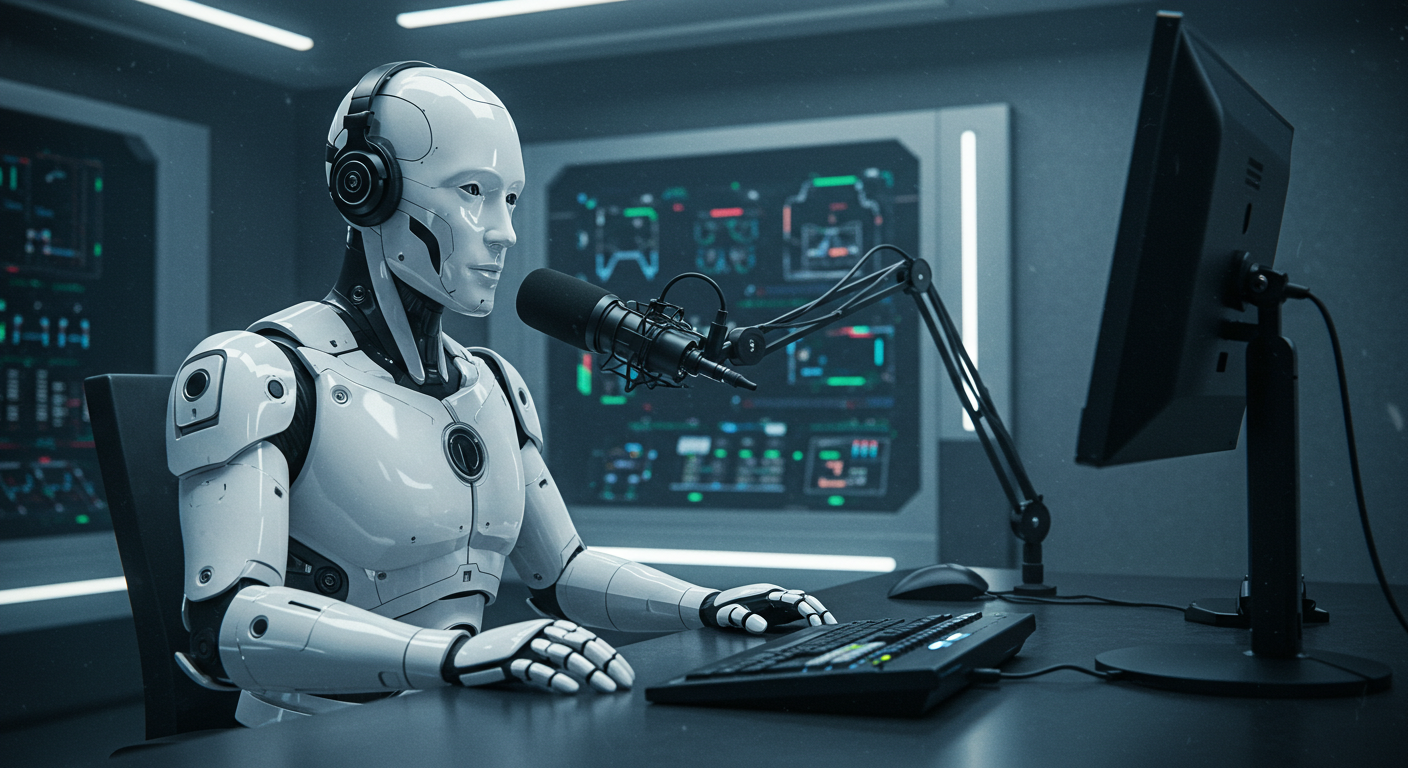 an android podcasting at a microphone