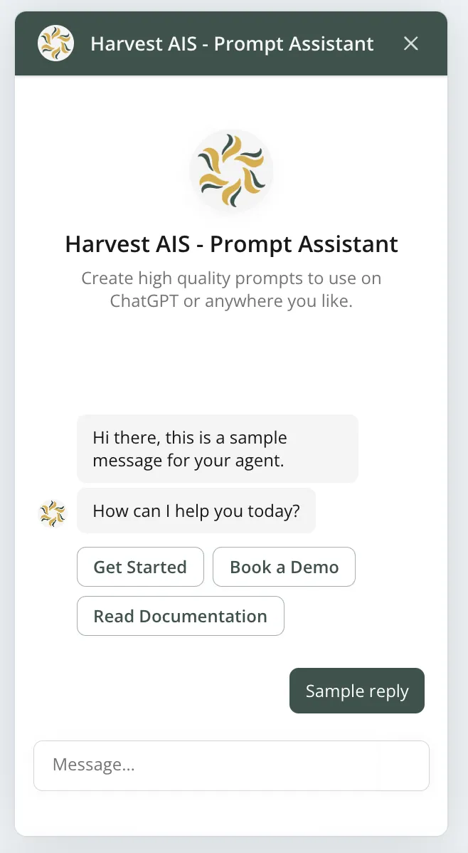 Menu screen for harvest ai solutions chatbot