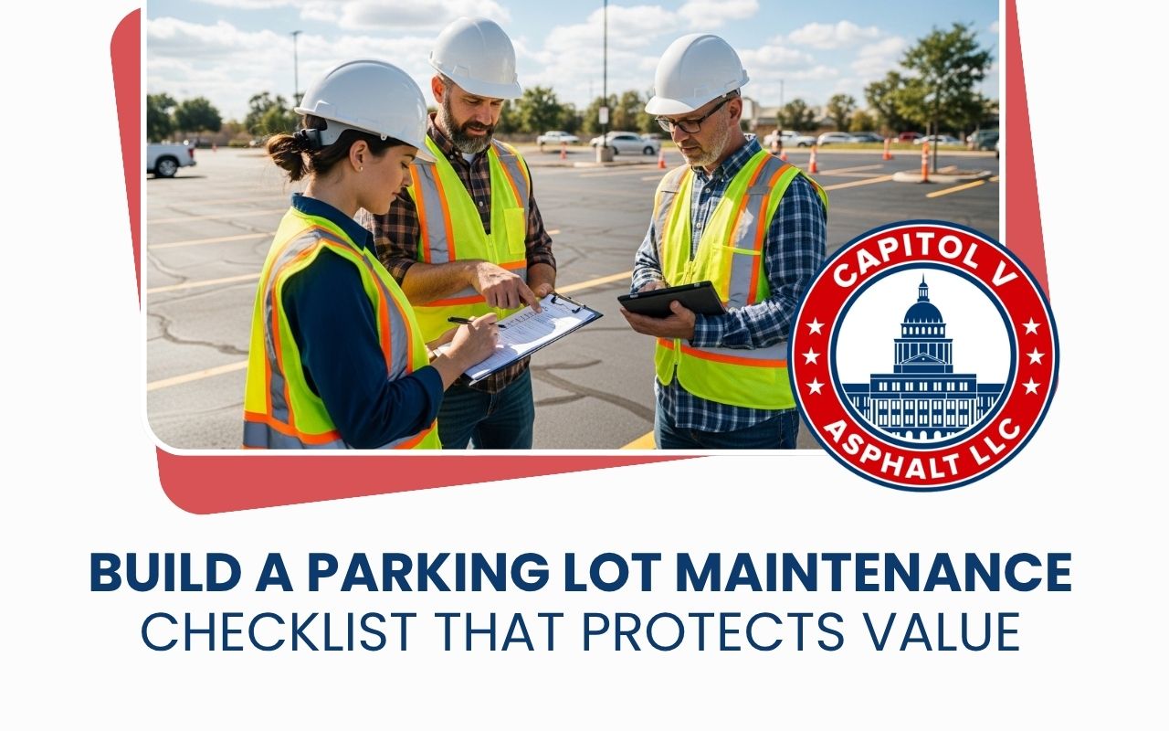 Team reviewing a parking lot maintenance checklist during pavement inspection