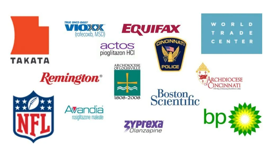 Logos of different companies and medicines: Takata, NFL, Remington, ioxx, Actos, Equifax, Cininnati Police, Zyprexa Olanzapine, Boston Scientific, World Trade Center, Archdiocese of Cincinnati and bp.