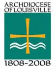 Emblem of the Archdiocese of Louisville featuring a bold golden cross centered on a teal background. Above the cross, the text "ARCHDIOCESE OF LOUISVILLE" is presented in uppercase, white letters within a green banner. Below the cross, wavy white lines suggest the presence of water. The dates "1808-2008" are written in white, marking the bicentennial celebration.