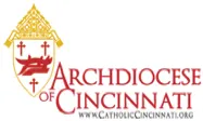 Logo of the Archdiocese of Cincinnati featuring a shield with three crosses and two swords, topped with a bishop's hat. The text reads "Archdiocese of Cincinnati" followed by the website "www.CatholicCincinnati.org".