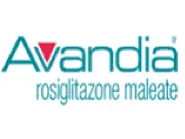 The word Avandia in green text with a red triangle pointing downards inside the "v". Below Avandia is "Rosiglitazone maleate" also in green.