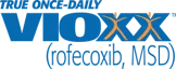 Logo of Vioxx, the brand name for rofecoxib, with 'VIOXX' in bold, uppercase letters.  'MSD' is written in smaller letters below the main text, indicating the pharmaceutical company Merck Sharp & Dohme."