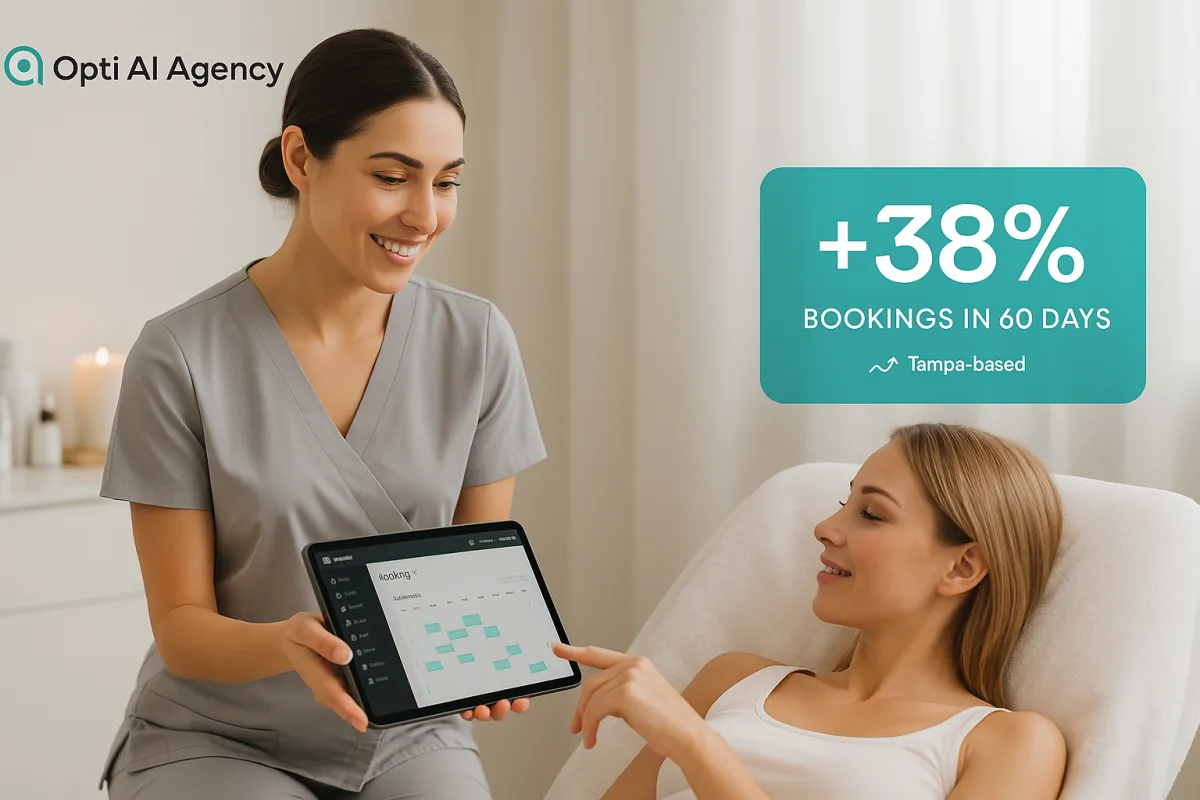 Med spa provider using ai bookings dashboard; 38% bookings overlay