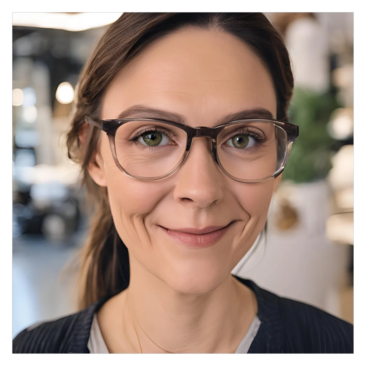 woman with gasses smiling