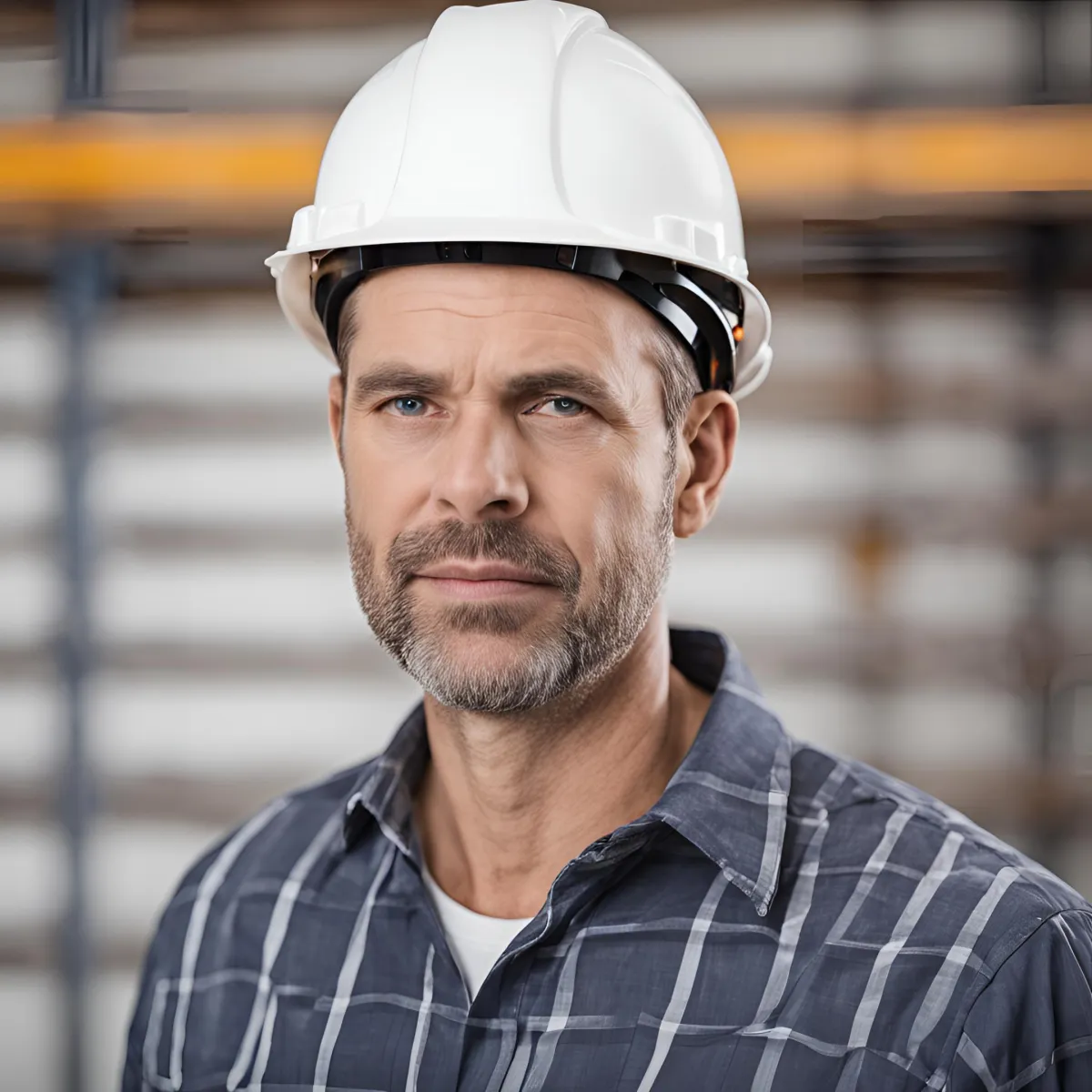 man with hard hat in front of a warehouse