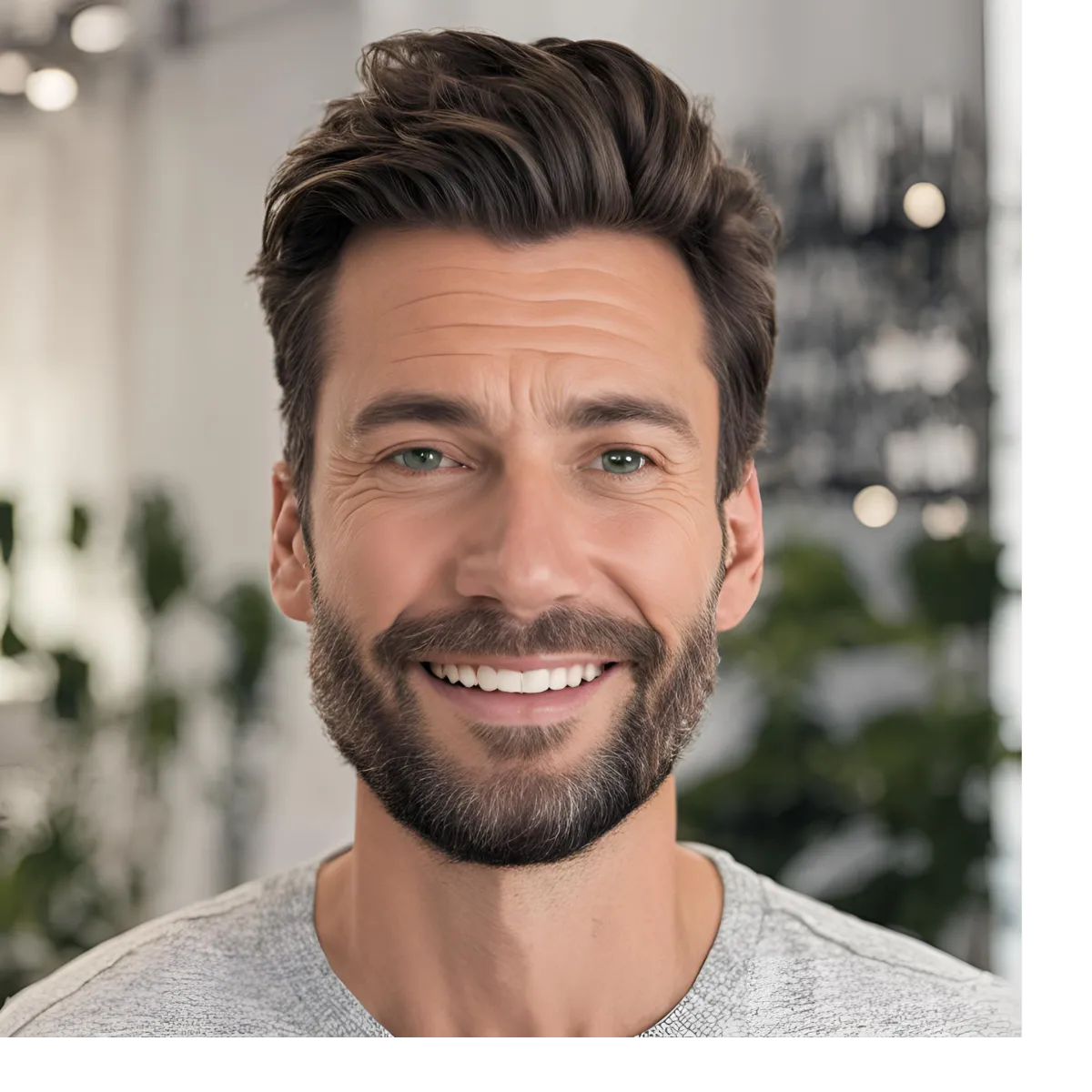 man with beard smiling in house