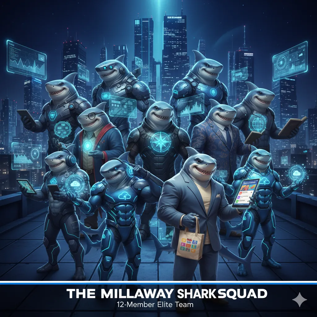 A vibrant digital illustration showing a diverse group of 12 AI avatars, each with distinct attire and accessories, standing together in a modern workspace. The background features abstract waves in blue and teal, evoking energy and innovation. The composition is dynamic, with each avatar expressing a unique personality through posture and style.