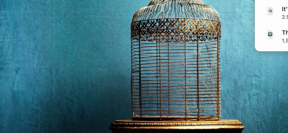 Empty gilded birdcage on a pedestal against a teal background, symbolizing the golden cage of conditioned success.