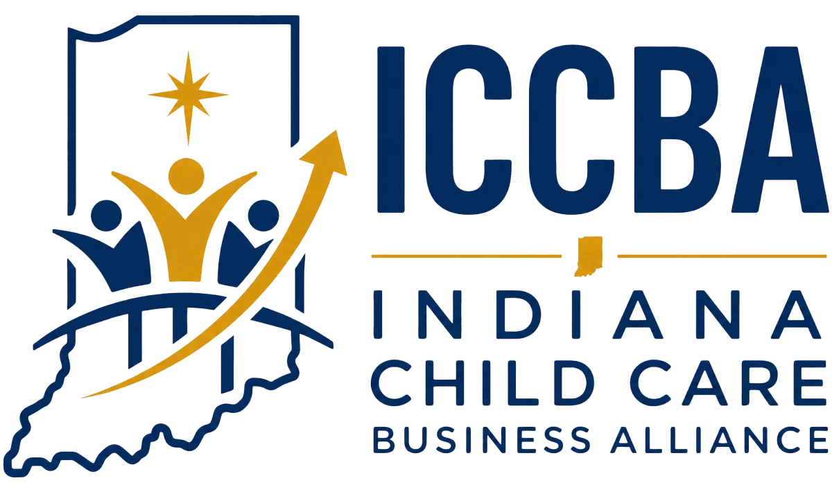 Indiana Child Care Business Alliance ICCBA logo featuring Indiana outline, child care business growth icon, and professional navy and gold branding for licensed child care operators in Indiana.