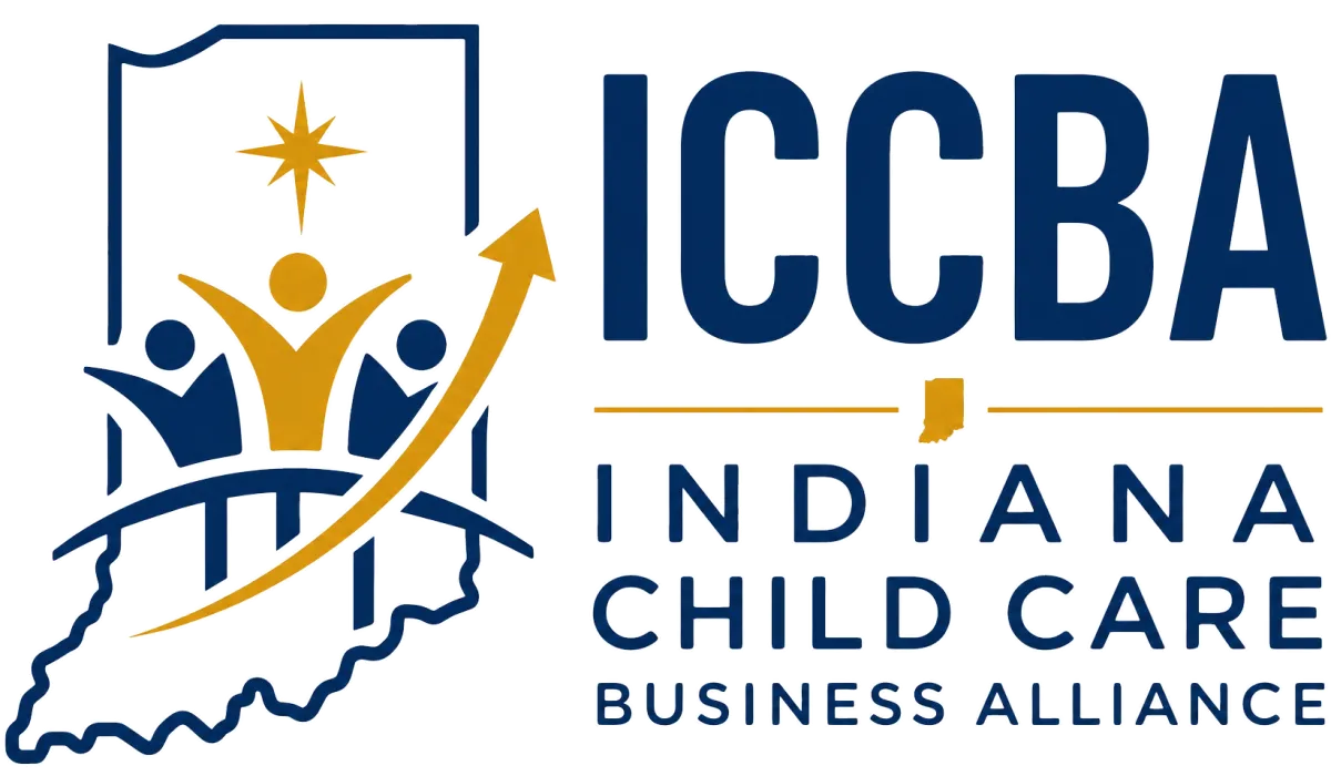 Indiana Child Care Business Alliance ICCBA logo featuring Indiana outline, child care business growth icon, and professional navy and gold branding for licensed child care operators in Indiana.