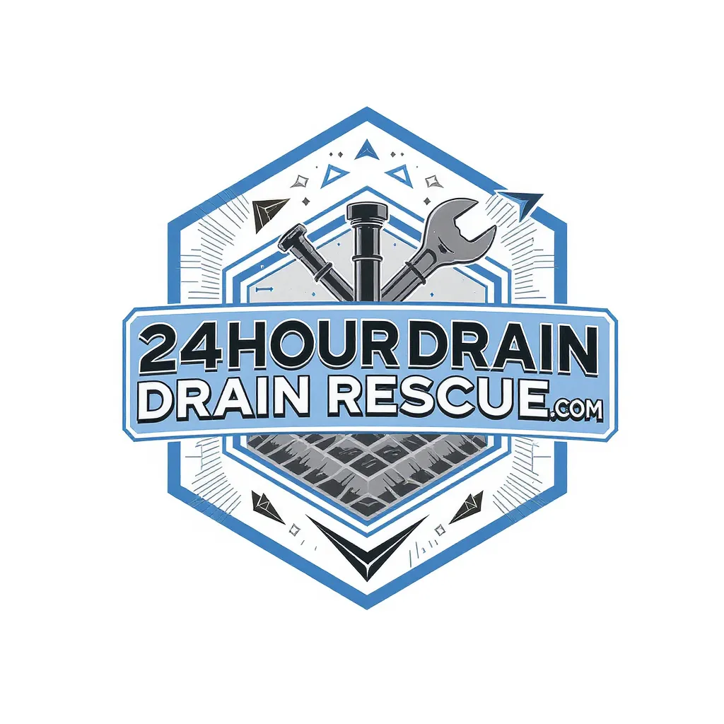 24 Hour Drain Rescue logo featuring a wrench and pipe, emphasizing emergency drain cleaning services.