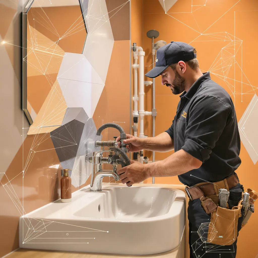 Plumber working on modern sink installation with geometric design elements, showcasing 24 Hour Drain Rescue's expertise in plumbing services.