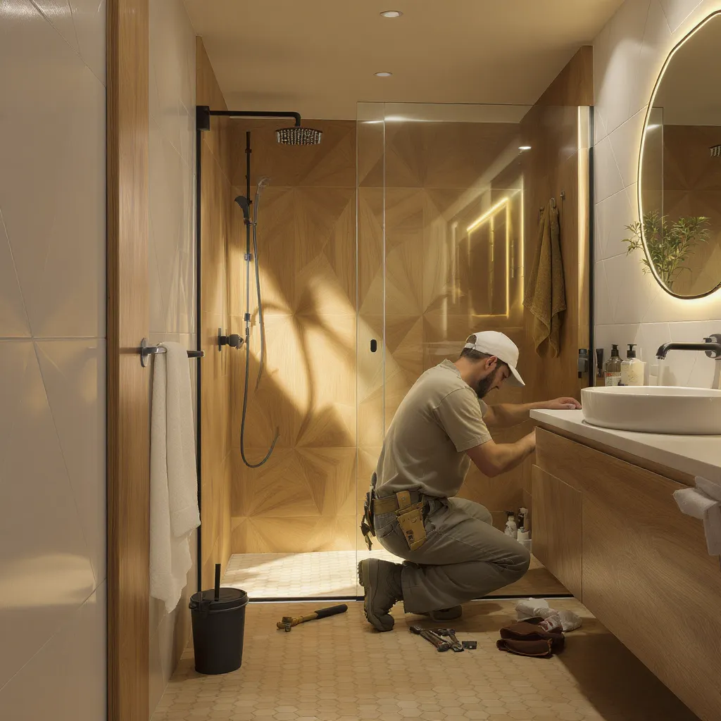 Plumber working in modern bathroom, fixing sink, surrounded by tools and clean design elements, emphasizing expertise in geometric plumbing solutions.