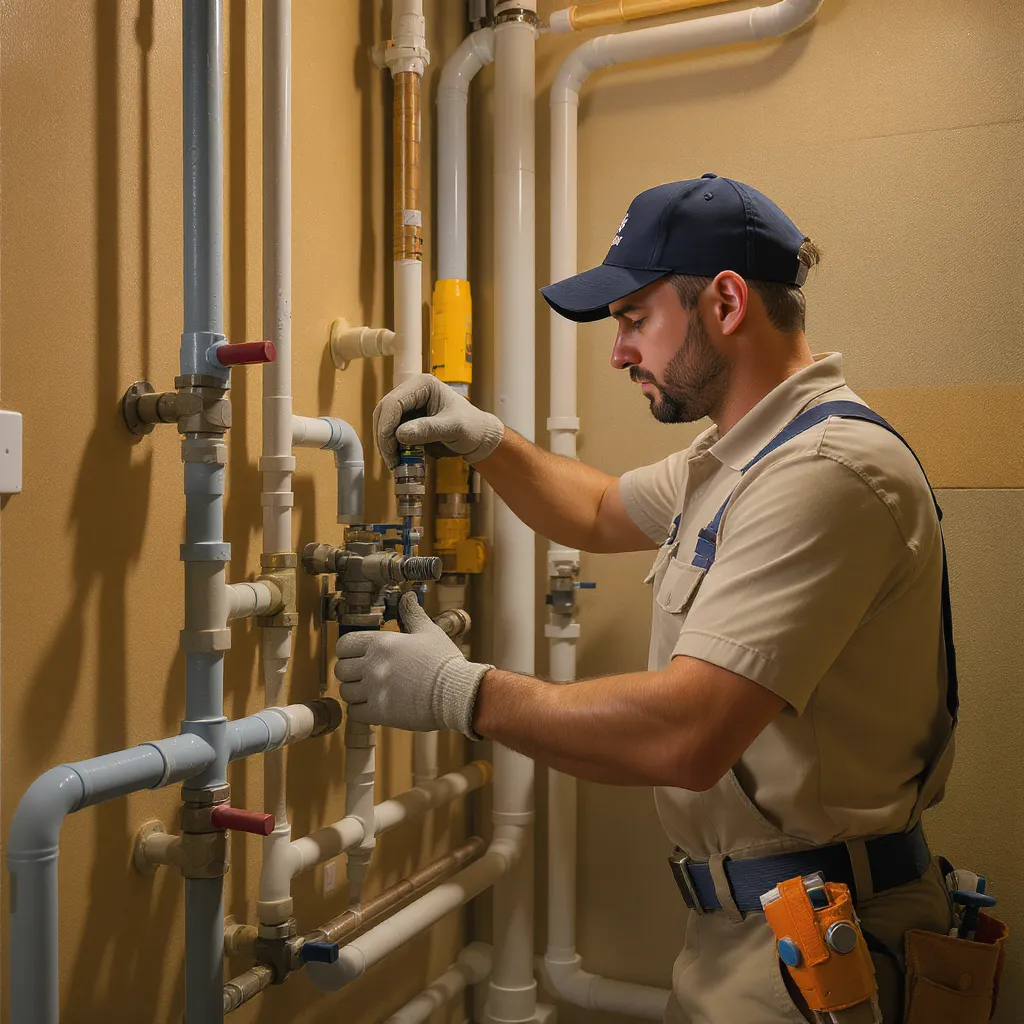 Plumber working on pipes in a residential setting, showcasing emergency plumbing services for urgent repairs.