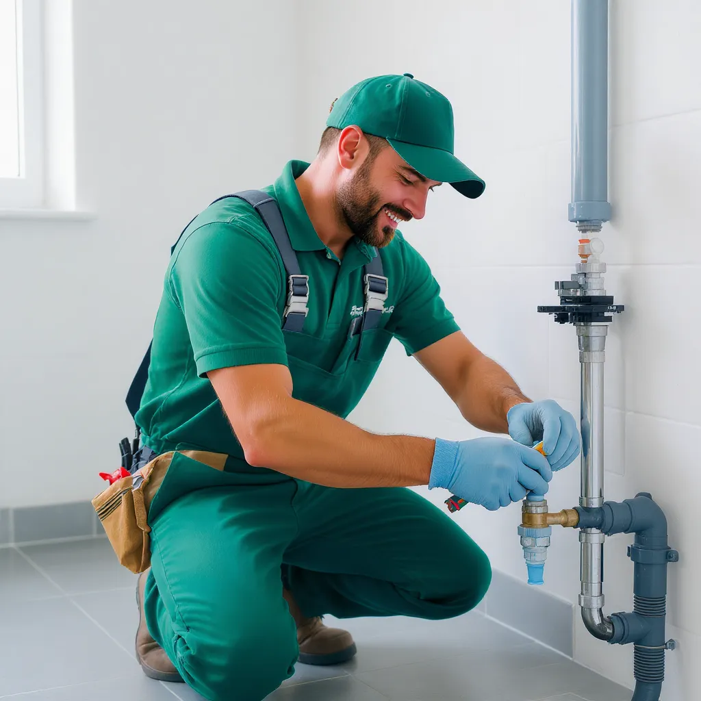 Plumber in green uniform and gloves repairing plumbing pipes, emphasizing residential and commercial plumbing services.