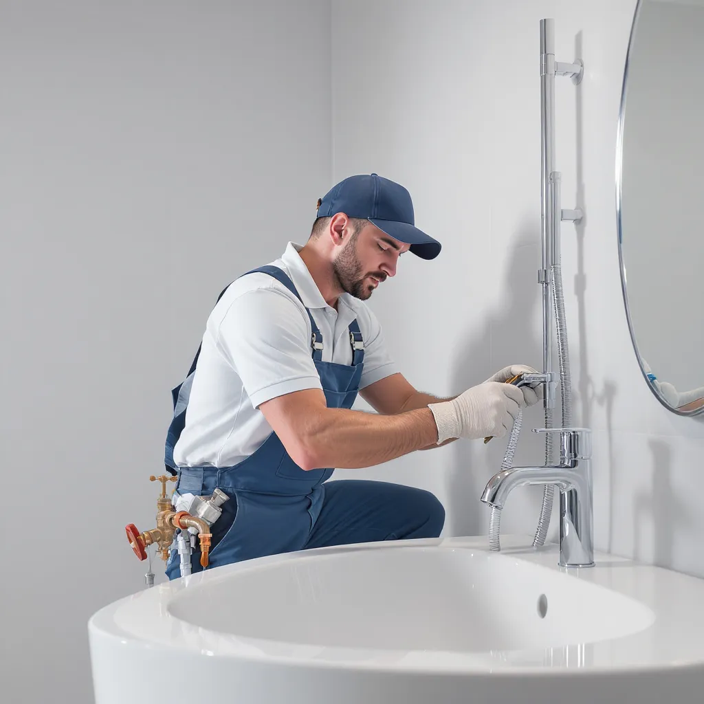 Plumber in blue overalls and cap repairing a modern bathroom faucet, showcasing expertise in plumbing services.