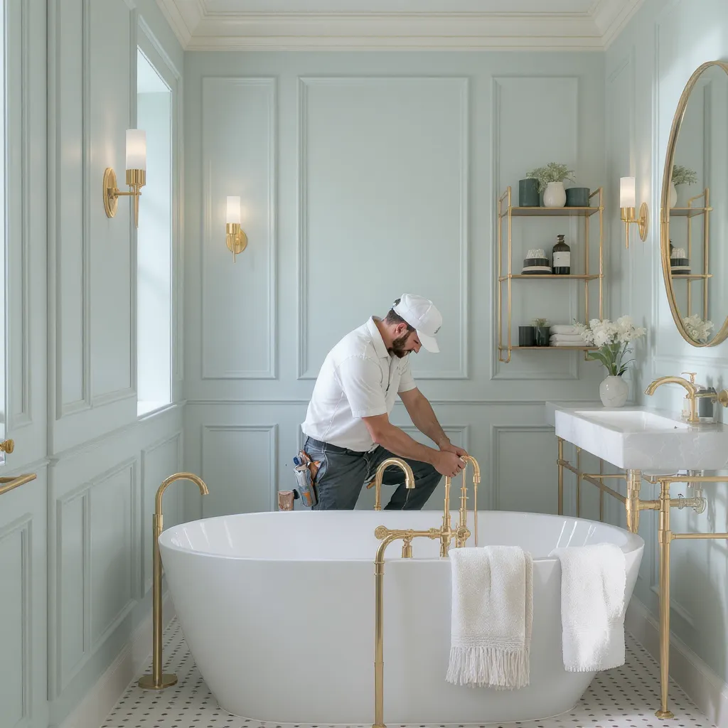 Plumber working on Art Deco plumbing fixtures in a light blue bathroom with a freestanding tub and gold accents.