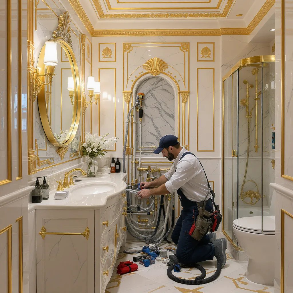 Plumber working on bathroom plumbing system in luxurious setting with gold accents, tools and supplies scattered on the floor.