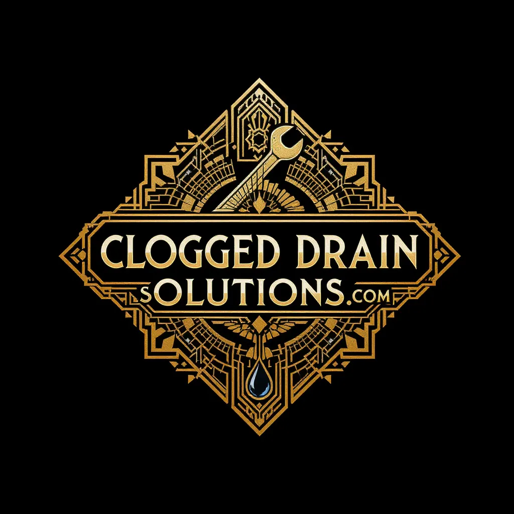 Clogged Drain Solutions logo featuring a wrench, water droplet, and decorative elements, representing plumbing and HVAC services.