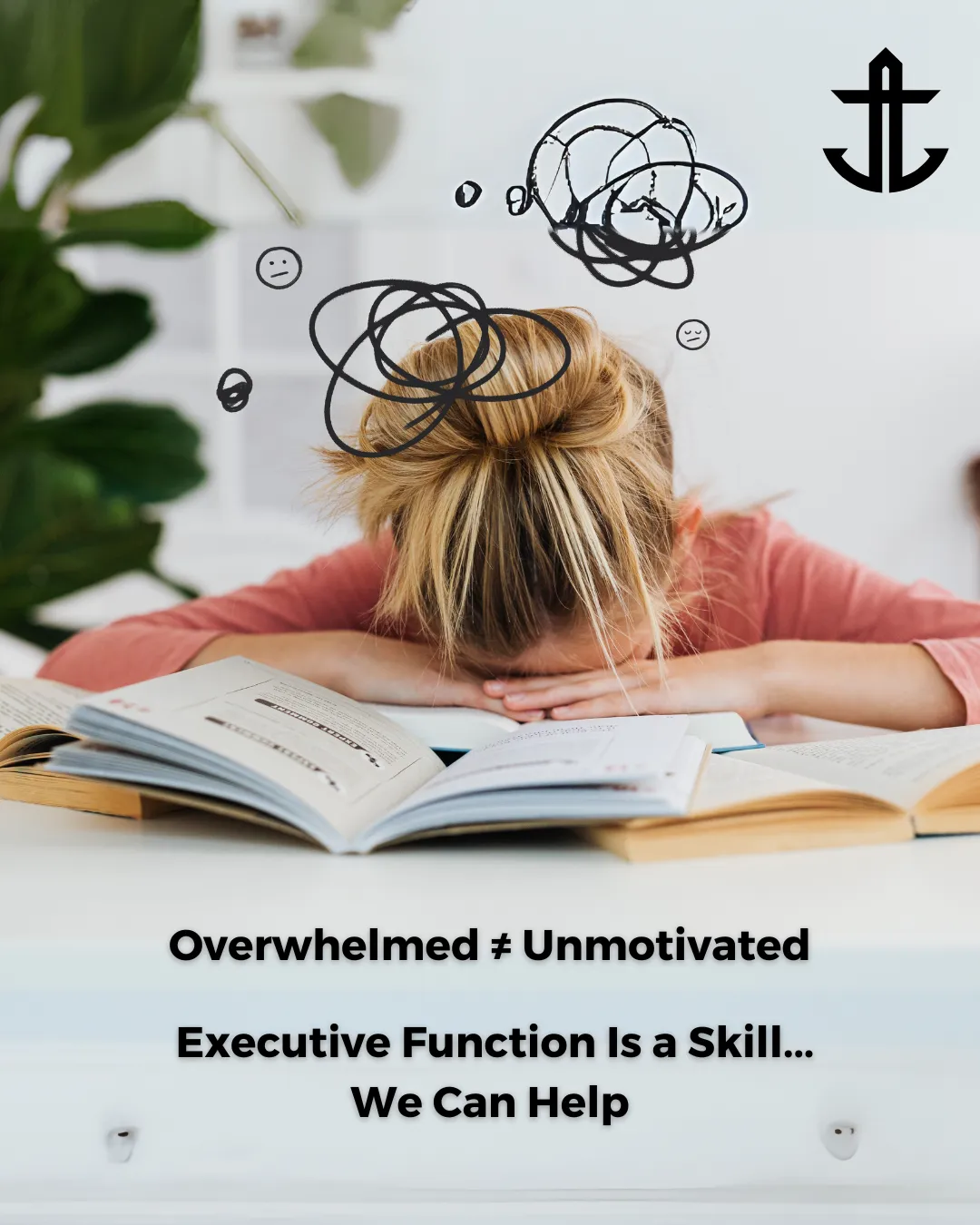Stressed teen resting head on books — executive function struggles