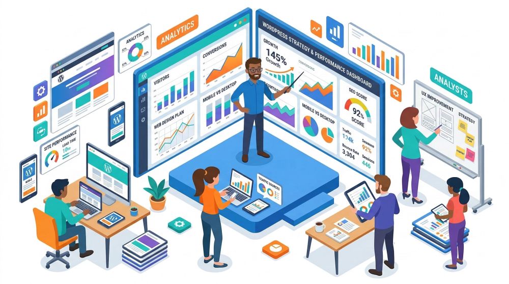 WordPress web design team in West Palm Beach analyzing website analytics dashboards and marketing performance data