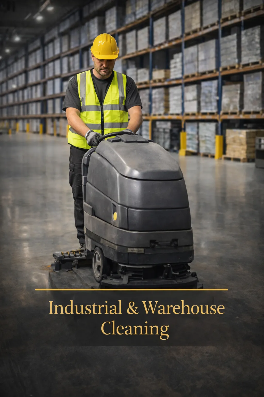 Industrial and warehouse cleaning services in Raleigh NC with a technician operating a floor scrubber in a large facility