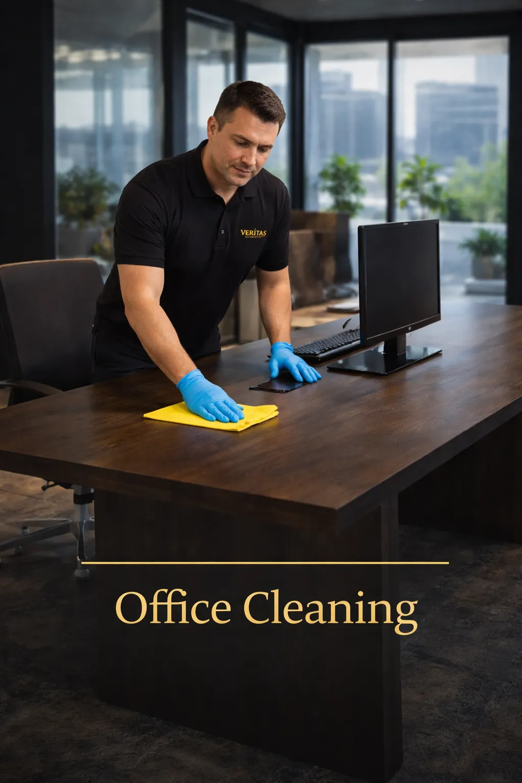 Office cleaning services in Raleigh NC showing a professional cleaner sanitizing a desk in a modern office environment