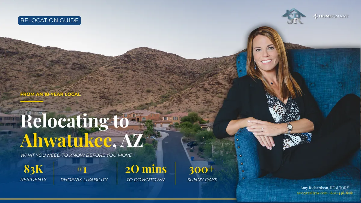 Ahwatukee Foothills neighborhood aerial view with South Mountain and desert landscape at sunset.