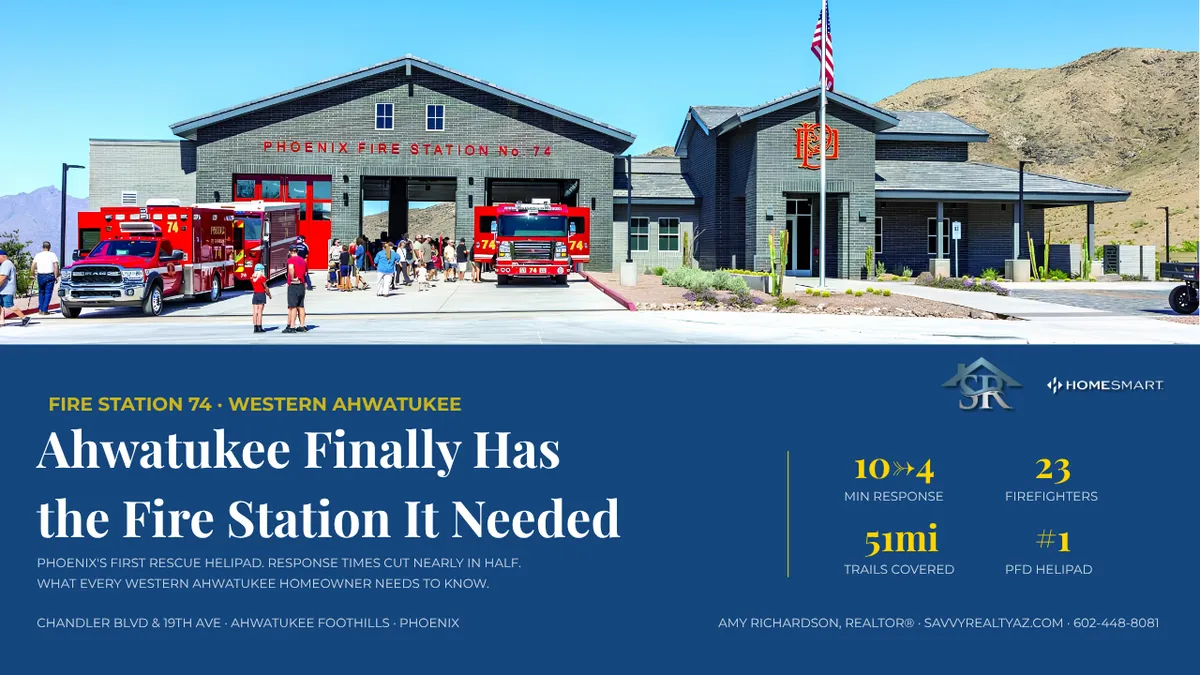 Fire Station 74 exterior on Chandler Boulevard in western Ahwatukee Foothills with desert landscape and clear sky.