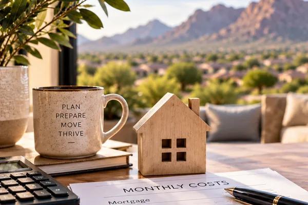Coffee mug reading "Plan, Prepare, Move, Thrive" beside a small wooden house, a calculator and a monthly costs worksheet, with desert mountains beyond
