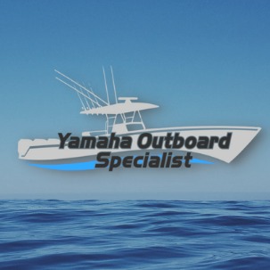 Yamaha Outboard Specialist logo with boat silhouette on ocean background