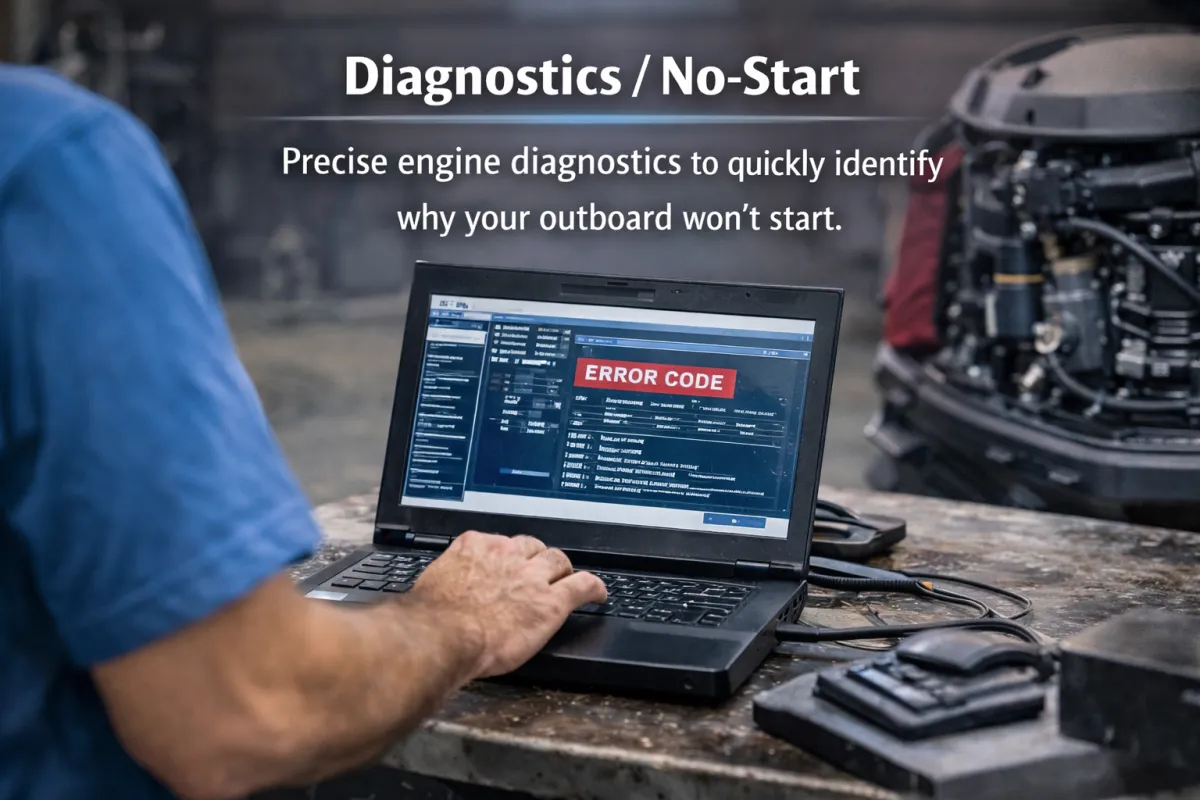 Marine technician performing outboard motor diagnostics with laptop to troubleshoot no-start issue in boat engine.