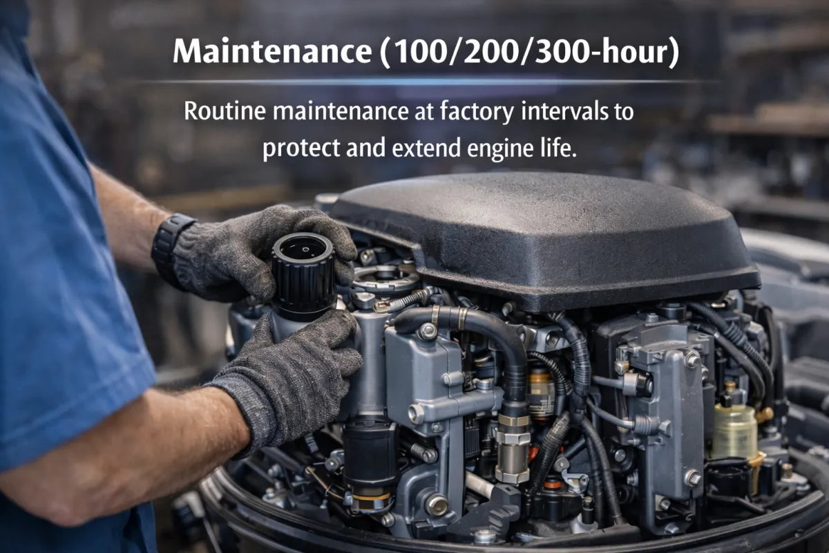 Marine technician performing 100 200 300 hour outboard motor maintenance, replacing oil filter during routine boat engine service.