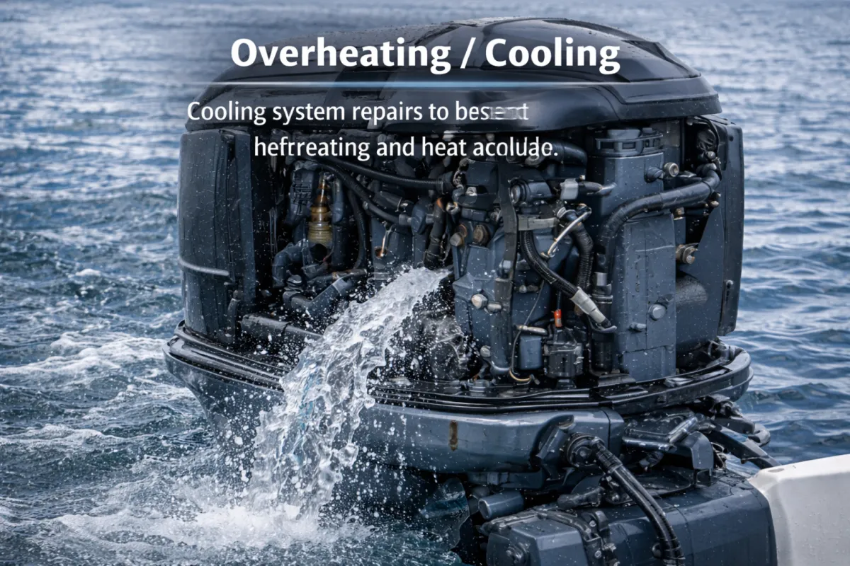 Outboard motor cooling system in operation with strong water flow, demonstrating overheating and cooling system inspection and repair.