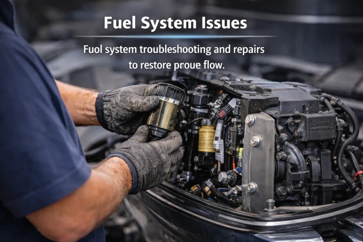 Marine mechanic inspecting and repairing Yamaha outboard motor fuel system, focusing on fuel filter and lines to restore proper flow.