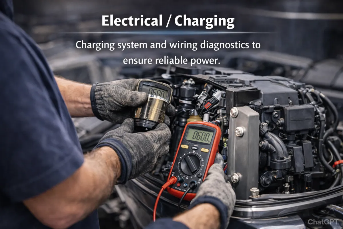 Marine technician testing Yamaha outboard motor electrical and charging system with digital multimeter to ensure reliable power.