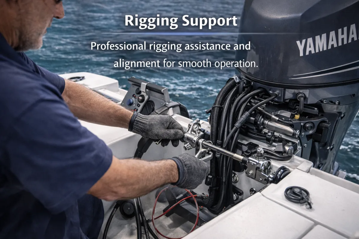 Marine technician performing rigging support on Yamaha outboard motor, adjusting tilt and steering alignment for optimal performance.