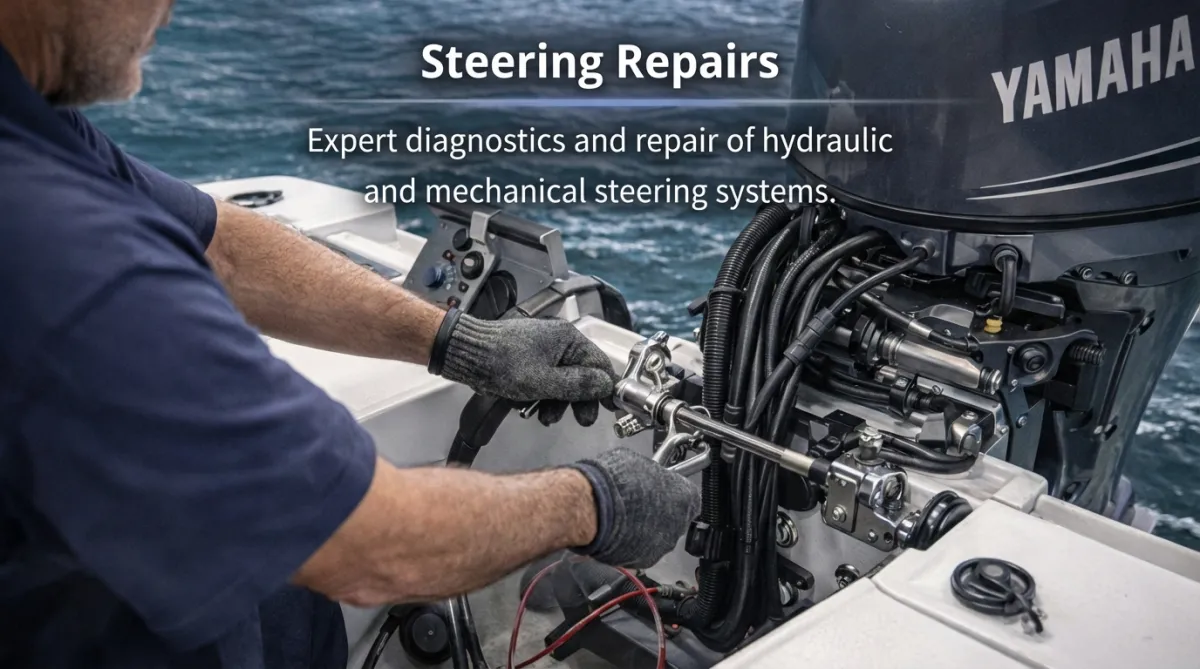 Marine technician performing rigging support on Yamaha outboard motor, adjusting tilt and steering alignment for optimal performance.
